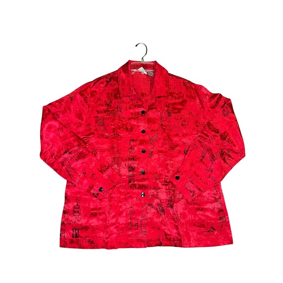 Chico's Red Silk Linen Blend Button Front Shirt Tropical Print Size L (2) Artsy - Picture 6 of 8